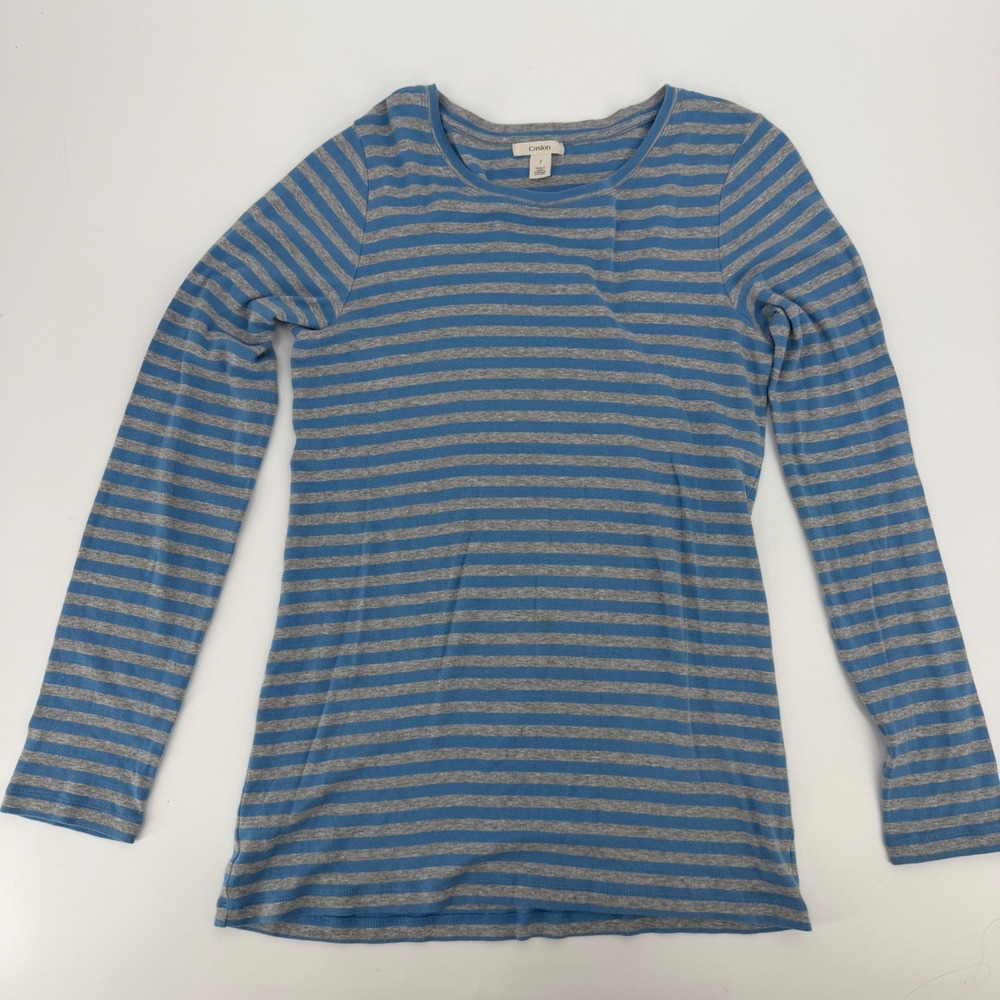 Caslon Womens Blue Grey Striped Long Sleeve Cotton Crew Neck Tee Shirt